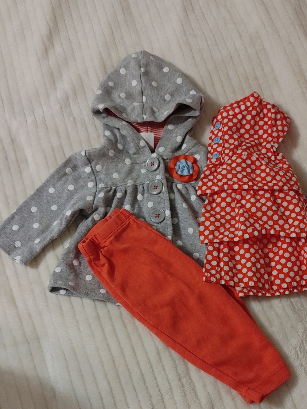 3 PC Carter's Gray Polka Dot Hoodie Set with Orange Trim